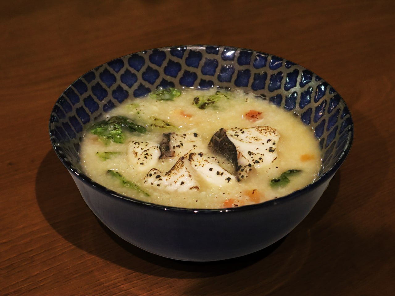 Abu鱼yu Congee (Aburi Fish Congee) Served with XO sauce by Flavours - $9